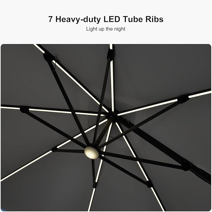 PURPLE LEAF 10 Feet Patio Umbrella Outdoor Cantilever Solar Powered LED Square Umbrella Aluminum Offset Umbrella with 360-degree Rotation for Garden Deck Pool Patio Light Grey
