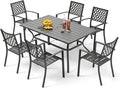 PHI VILLA 7 Pieces Outdoor Dining Set for 6, 60” Rectangular Metal Table with Umbrella Hole & Stackable Black Wrought Iron Chairs, Large Outside Furniture for Patio, Deck, Backyard, Porch