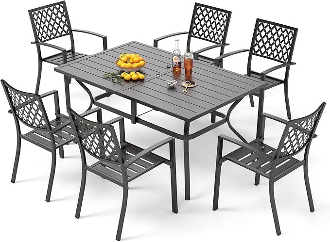 PHI VILLA 7 Pieces Outdoor Dining Set for 6, 60” Rectangular Metal Table with Umbrella Hole & Stackable Black Wrought Iron Chairs, Large Outside Furniture for Patio, Deck, Backyard, Porch