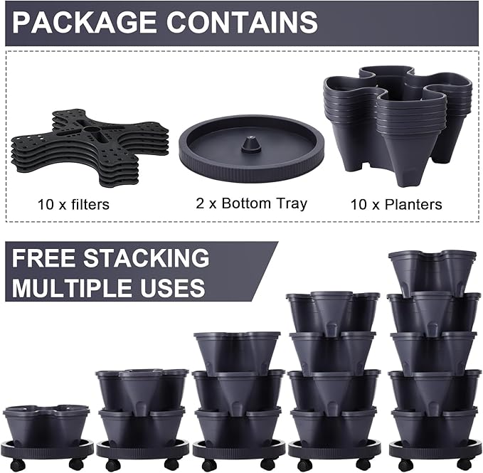 Umigy 2 Set 5 Tier Stackable Planters Vertical Garden Planters for Strawberry Herb Flower and Vegetable Indoor Outdoor Gardening Pots with Removable Wheels and Bottom(Grey)
