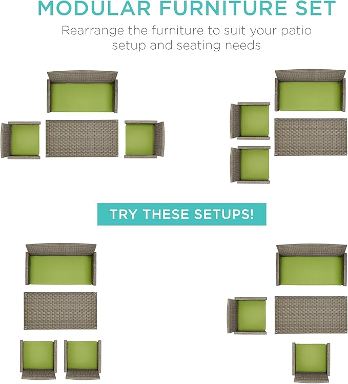Best Choice Products 4-Piece Outdoor Wicker Patio Conversation Furniture Set for Backyard w/Coffee Table, Seat Cushions - Taupe/Pistachio