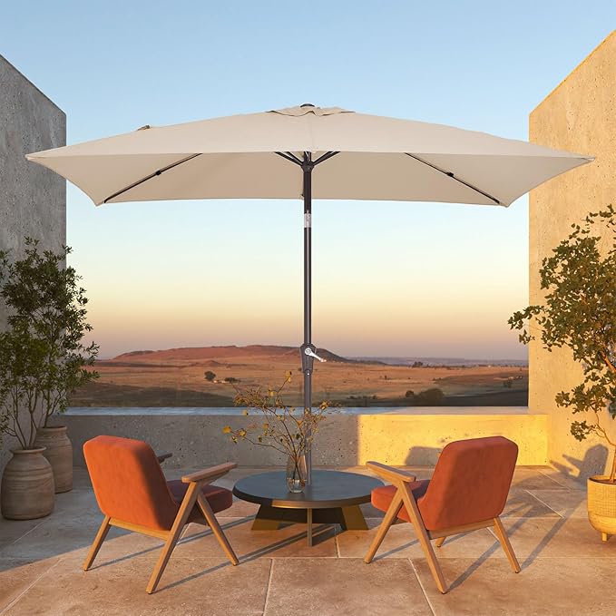 JEAREY 6.5x10 ft Rectangular Patio Umbrellas Rectangle Outdoor Umbrella with Push Button Tilt and Crank, Market Table Umbrella 6 Sturdy Ribs UV Protection for Poolside Garden Backyard Deck, Beige