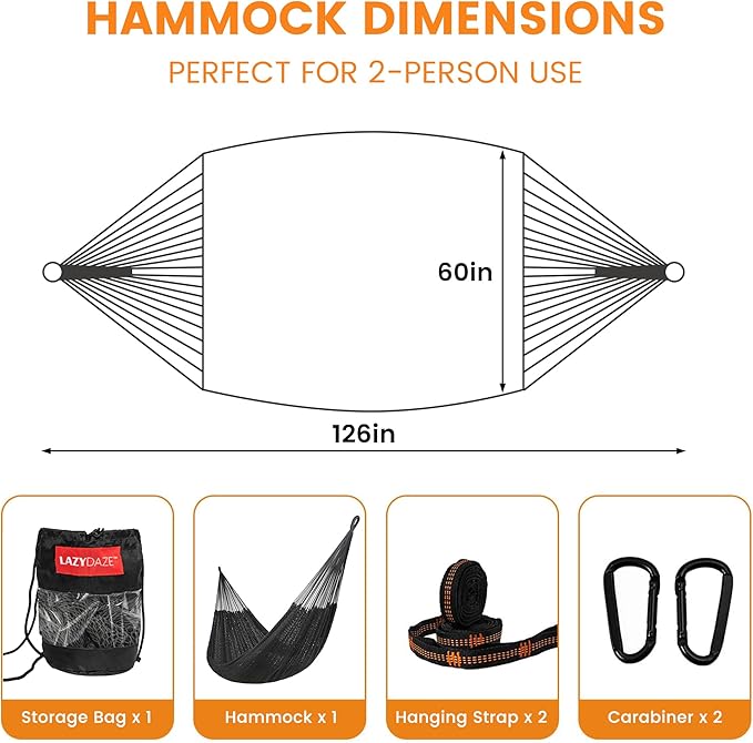 Lazy Daze Hammocks Handwoven Mayan Hammock, 10.5 FT Soft Rope Double Hammocks, Portable Outdoor Hammock with Carry Bag, 2 Straps & Carabiners for Patio Outside, 550 lbs Weight Capacity, Gray