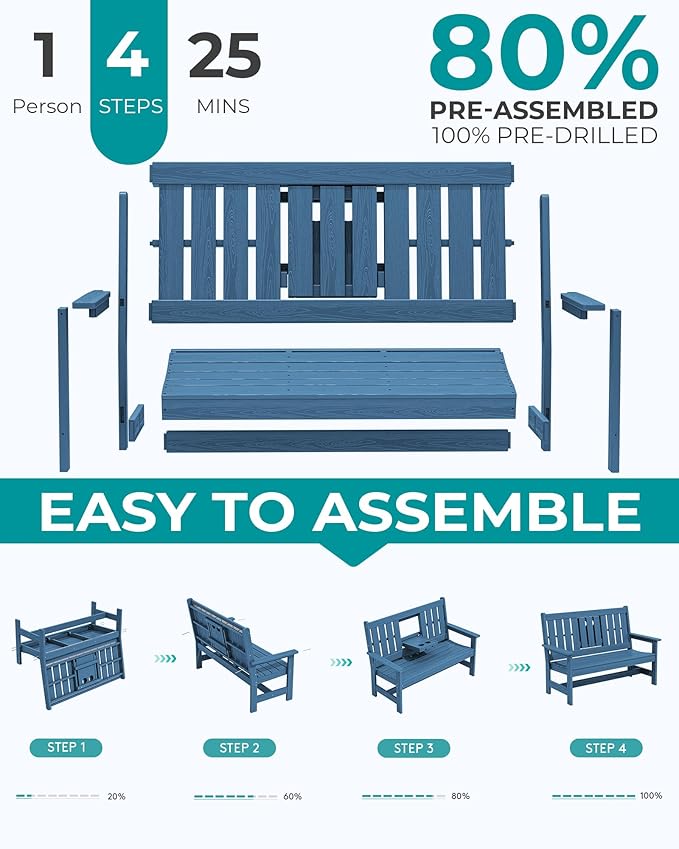 SERWALL Outdoor Bench with Cup Holder, 58" HDPE Garden Park Bench Suitable for 3 Person, All Weather Patio Benches with High Backrest and Wide Armrests for Garden, Park, Yard, Front Porch, Navy