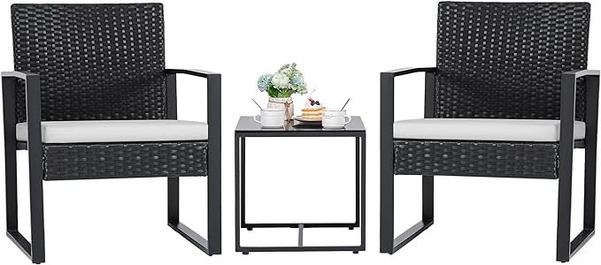 Flamaker 3 Pieces Patio Furniture Outdoor Wicker Modern Rattan Chair Conversation Sets with Coffee Table for Yard, Bistro(White)