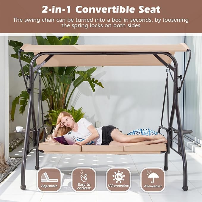 800LBS Patio Swing with Canopy 3 Seat Outdoor Porch Swing with Stand w/Cup Holder & Pillow Glider Chair Swing Bed for Patio Backyard Poolside (Khaki)