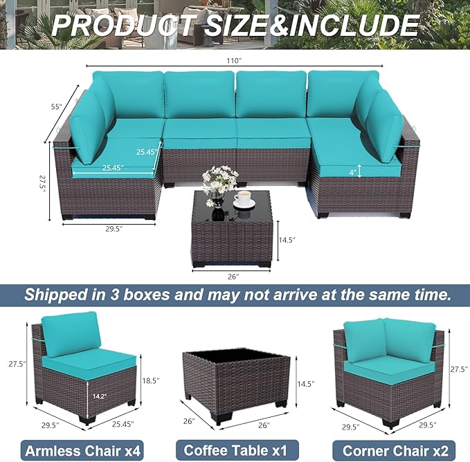 ALAULM Patio Furniture Set with Coffee Table, 7 Pieces Outdoor Sectional with Wide Seat and Thick Cushion, All Weather Wicker Rattan Conversation Set for Backyard, Garden, Deck, Turquoise