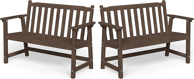 Ciokea 48" Outdoor Bench Set of 2, HDPE Weatherproof Garden Bench, 2-Person Memorial Benches with 550 Lbs, Waterproof Patio Porch Benches for Outside Business Deck Office Backyard Balcony, Brown