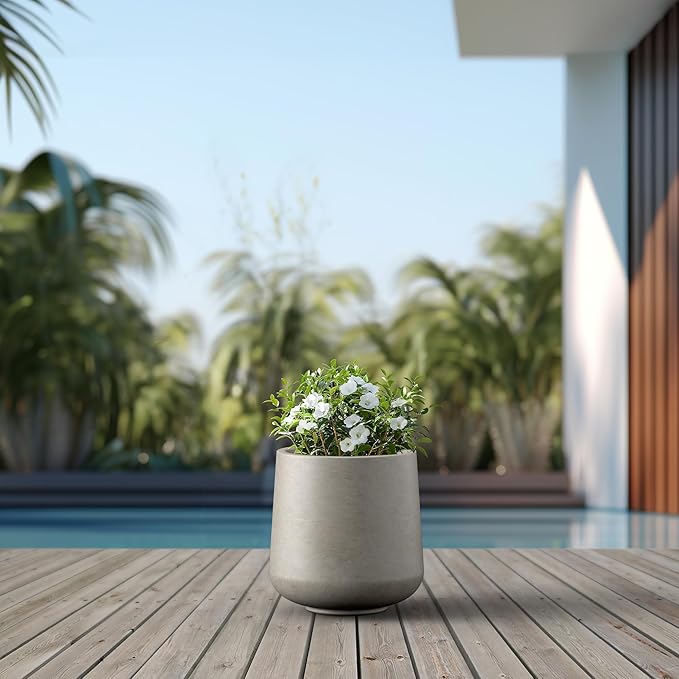 Kante 11.6" Dia Round Concrete Planter, Outdoor Indoor Large Plant Pots Containers with Drainage Hole and Rubber Plug for Home Garden Patio, Buff Concrete