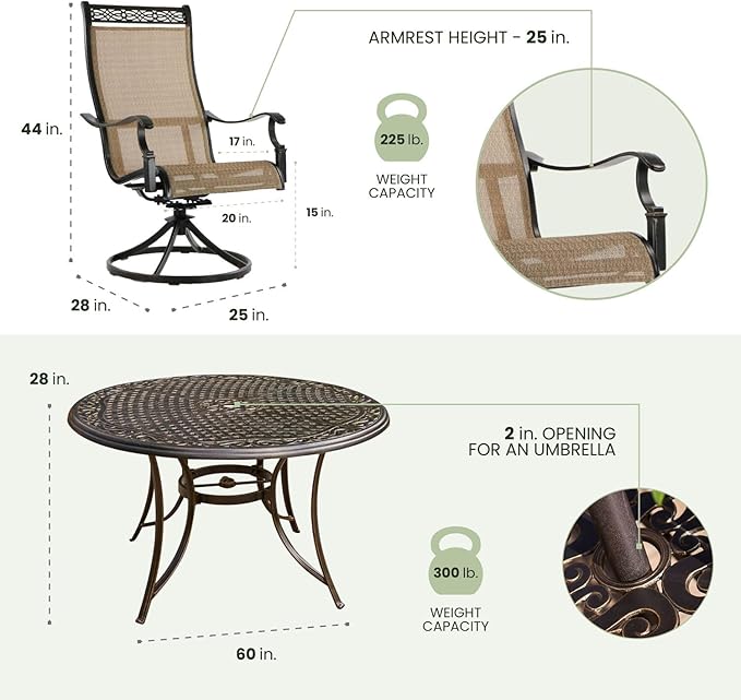 Hanover Manor 7-Piece Outdoor Dining Set with 6 PVC Sling 360 Degree Swivel Rockers, and Rust Resistant Aluminum Round Dining Table, Patio Dining Set for 6 for Backyard, Deck, Patio, Porch