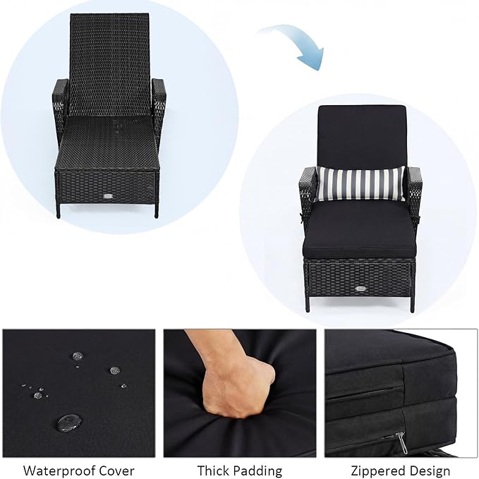 Tangkula Wicker Chaise Lounge Outdoor, Patio Rattan Reclining Chaise with 6-Gear Adjustable Backrest, Thick Padded Cushion & Removable Lumbar Pillow, Pool Lounge Chairs (1, Black + Black)