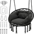 Monibloom Hanging Hammock Chair W/Large Padded Cushion, Macrame Swing Chair for Porch, Max 350 Lbs Capacity Hanging Swing for Adults & Teens, Comfy Hammock for Bedroom Relaxing Reading Napping, Black