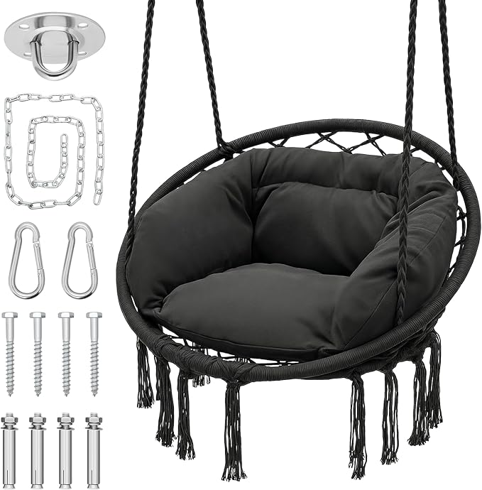 Monibloom Hanging Hammock Chair W/Large Padded Cushion, Macrame Swing Chair for Porch, Max 350 Lbs Capacity Hanging Swing for Adults & Teens, Comfy Hammock for Bedroom Relaxing Reading Napping, Black
