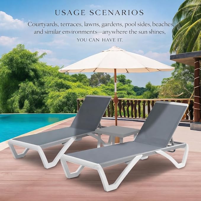 Kozyard Outdoor Chaise Lounge Chair, Full Flat Adjustable Patio Lounger with Aluminum Frame & Resin Legs, Textilene Fabric for Poolside, Backyard & Beach (Gray, Chair with Table)