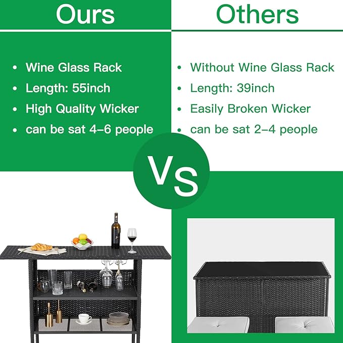 ECOTOUGE Black Wicker Bar Table, Outdoor Patio Console Table Serving Table, Mini Outdoor Bar Patio Counter with Steel Shelves & Hanging Wine Glasses, Ideal for Garden, Backyard