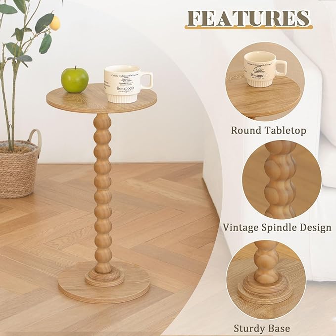 Small Side Table, Drink Table for Small Spaces, Modern Martini Table with Solid Wood Leg, Round End Tables Living Room for Bedroom and Office (Rustic Walnut)