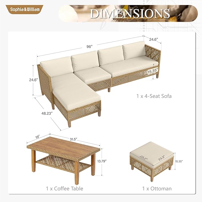 Sophia and William 5-Piece Wicker Patio Furniture Set, L-Shaped Outdoor Sectional Sofas with Ottoman and Acacia Wood Coffee Table, Rattan Conversation Set wtih Cushions, Beige