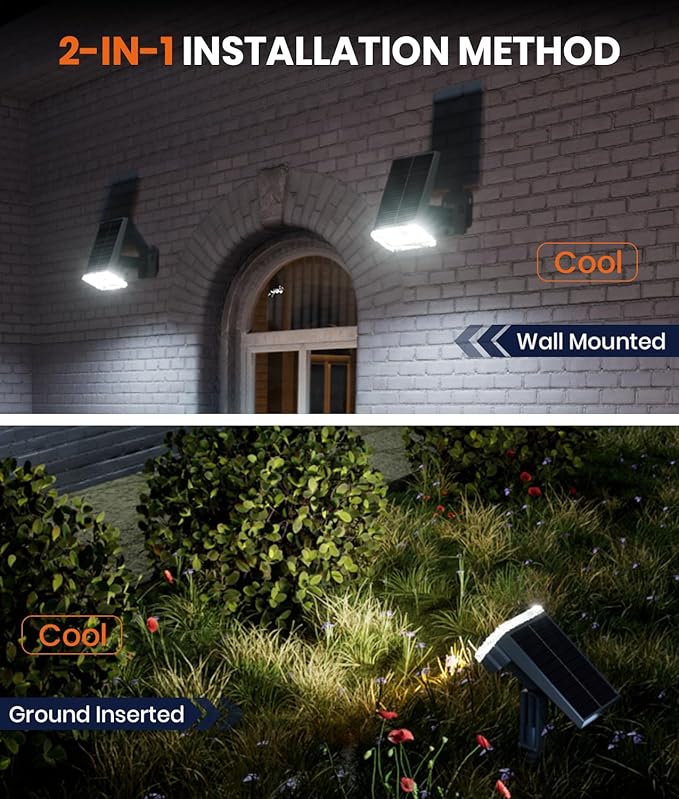 1 Pack Solar Spotlights Outdoor Waterproof IP67,Adjustable Wall&Ground Solar Lights Powered with 3 Colors, 3 Modes, Dusk to Dawn for Pathway/Garden/Yard/Patio/Driveway/Landscape Lighting Outside Décor