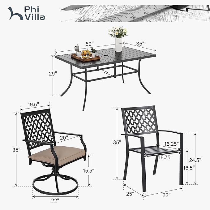 PHI VILLA 7 Pieces Outdoor Dining Set for 6, 59" Rectangle Wrought Iron Table with Umbrella Hole & Swivel Fixed Chairs with Cushions, Modern Metal Furniture for Patio, Deck, Yard, Porch
