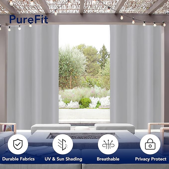 PureFit Outdoor Curtains for Patio Waterproof Weatherproof, UV Resistant Outside Curtains for Gazebo, Front Porch, Pergola, Sun Blocking Privacy Curtain, 52W x 108L inch, 1 Panel, Light Gray