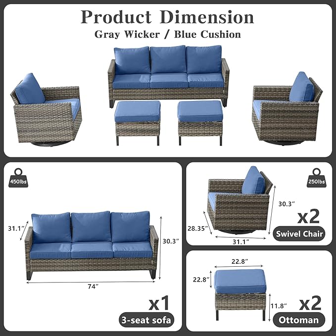 Belord Wicker Patio Furniture 5 Piece Outdoor Sofa Set, Oversize Outdoor Swivel Rocker Chairs with Rattan Ottomans, Conversation Sets Patio Furniture Come with Removable Washable Cushion Blue