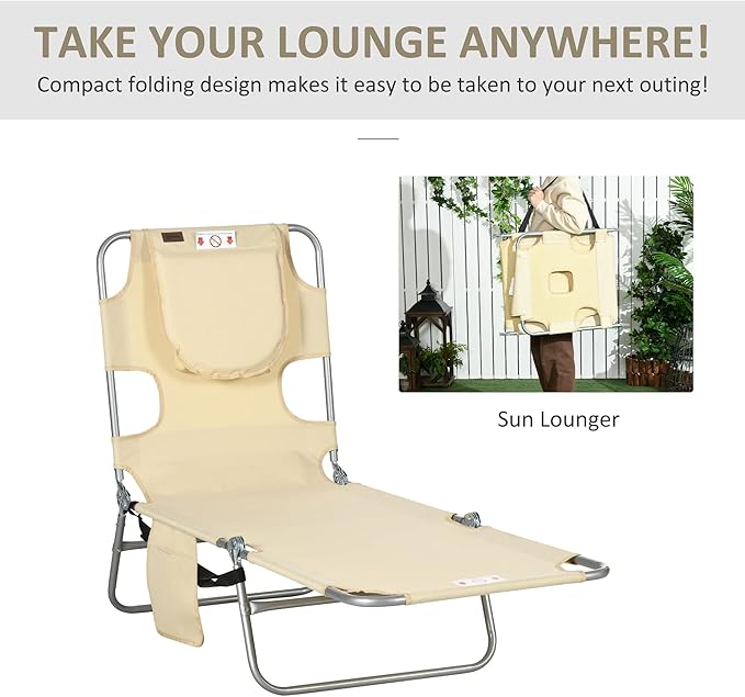 Outsunny Folding Beach Lounge Chair with Face Hole and Arm Slots, 5-Level Adjustable Sun Lounger Tanning Chair with Pillow for Patio, Garden, Beach, Pool, Beige