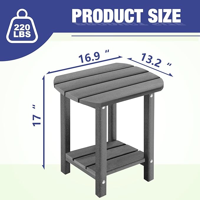 LZRS Outdoor Side Table - 2-Tier Adirondack HDPE Patio End Table for Pool, Porch,Balcony & Backyard,Weather Resistance for Indoor and Outdoor use(Grey)