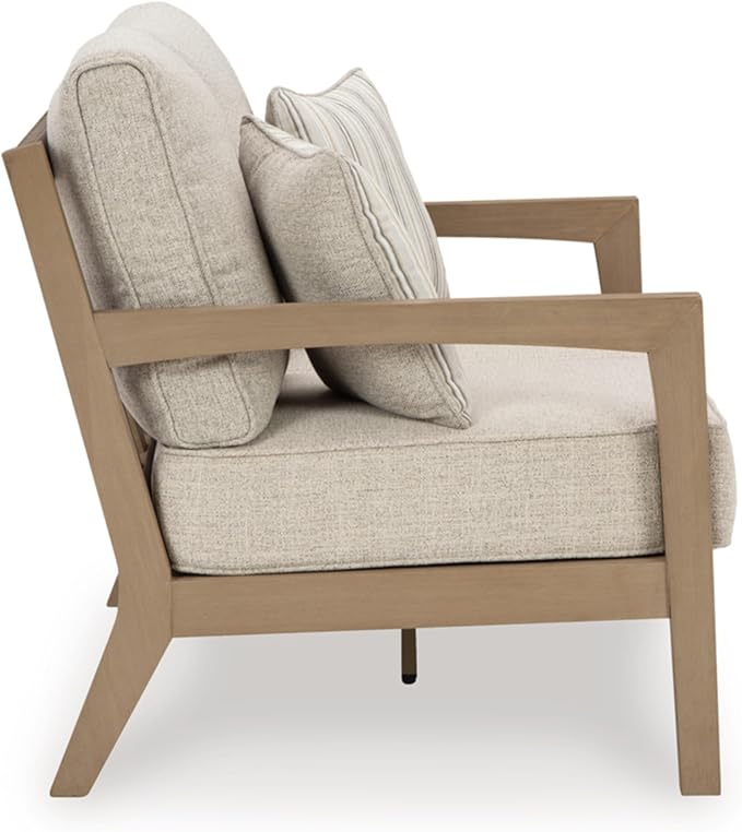 Signature Design by Ashley Hallow Creek Cottage Nuvella Weather Resistant Fabric Outdoor Loveseat with Cushion and 2 Throw Pillows, Light Brown & Beige