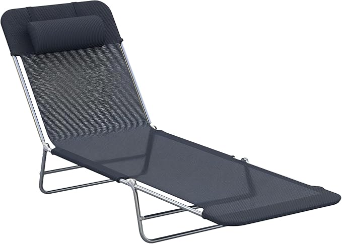 Outsunny Folding Chaise Lounge Pool Chairs, Outdoor Sun Tanning Chairs with Pillow, Reclining Back, Steel Frame & Breathable Mesh for Beach, Yard, Patio, Black