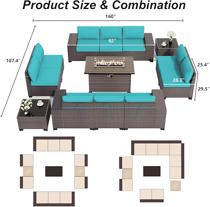 ALAULM 13 Pieces Outdoor Patio Furniture Set with Propane Fire Pit Table Outdoor Sectional Sofa Sets Patio Furniture 43" Gas Fire Pit Brown PE Rattan Patio Conversation Set w/10 Cushions (Lake Blue)