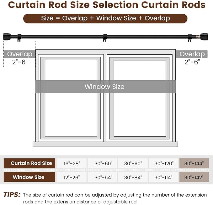 Matte Black Curtain Rod Itself is 30-144 inch 2 Pack, Fit 30 to 142, 66 to 120 inch Windows with 1 Inch Diameter Heavy Duty Adjustable Telescopic Rod, 1 Inch Diameter Splicing Extra Long