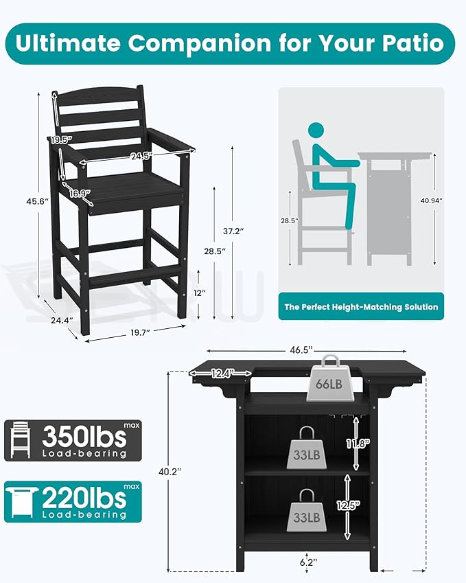 SERWALL Outdoor Bar Table Set (1 Table with 2 Chairs) – HDPE Black Patio Bar Cabinet with 4-Tier Storage & Spacious Tabletop, Perfect for Outdoor, Poolside, Backyard