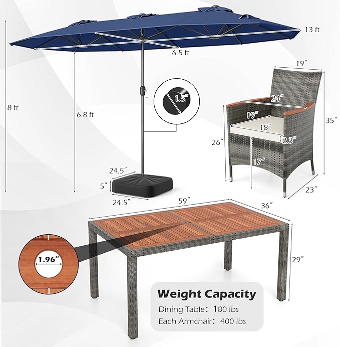 Tangkula 9 Piece Rattan Outdoor Dining Set with 13Ft Umbrella for 6, Outdoor Wicker Table Set with 6 Cushioned Armchairs, Acacia Wood Top, Outdoor Umbrella & with Base Included