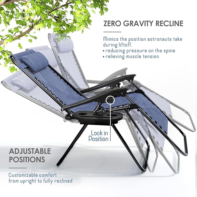 Nestl Zero Gravity Chairs Set of 6, Patio Lounge Chair Outdoor with Pillows & Cup Holder Trays, Adjustable Steel Mesh Reclining Camping Chair, Folding Patio Lawn Chair for Deck, Beach, Yard - Blue