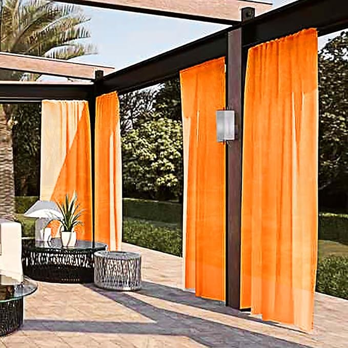 SpaceDresser Waterproof Outdoor Sheer Curtains for Patio - 4 Panels Rod Pocket Indoor Voile Sheer Curtain for Living Room,52W x 96L inch, Orange
