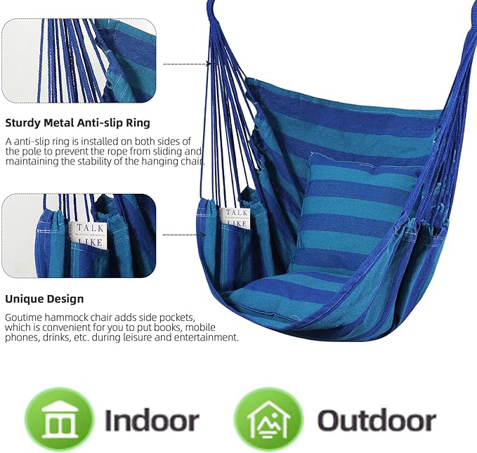 Goutime Hammock Chair,Indoor Hanging Rope Swing,Tree Swinging Chairs for Outside,Outdoor,Home, Bedroom,Patio,Yard,Garden,Balcony,Max 330 Lbs,Blue Stripe