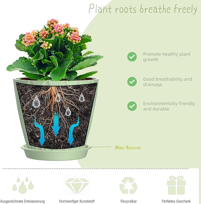 6 Inch Plant Pots, 6 Pack Indoor Flower Pots, Planters with Drainage Holes and Trays for Orchids, Violets, Succulents, Herbs, and Other Plants,Green