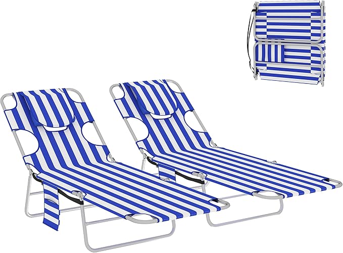 Outsunny Chaise Lounge Chair Outdoor Set of 2 with Face Arm Hole, 5-Position Reclining Face Down Tanning Chair with Carry Strap, Side Pocket, Portable Folding Bed Cot for Patio Beach Pool, Blue Stripe
