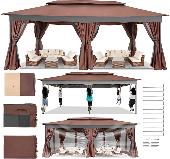 COBIZI Gazebo 12x20 Heavy Duty Gazebos with Curtain and Netting Outdoor Gazebo Canopy Double Roof Patio Gazebos with Metal Steel Frame for Patio, Deck, Backyard-Brown