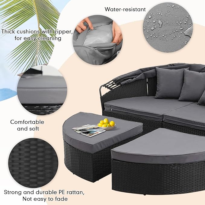 Outdoor Patio Furniture Canopy Daybed Round Sofas, 4 Pieces Seating Separates Cushioned Seats, Black Wicker, Lawn Poolside Garden, Grey