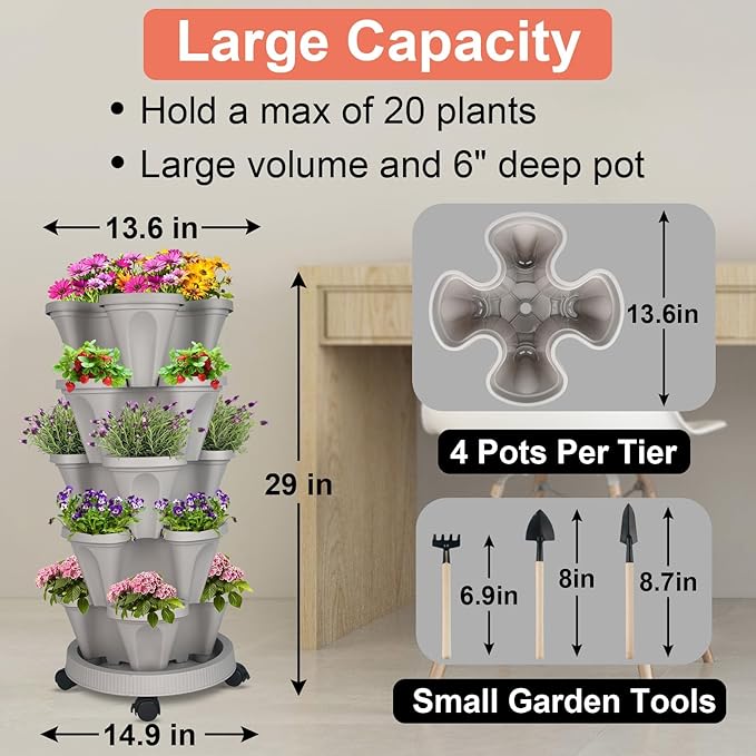 GameXcel Vertical Planter 5 Tier Stackable Planters Garden Planters Strawberry Herb Flower and Vegetable Planter Indoor Outdoor Gardening Pots with Removable Wheels and Tools - Gray