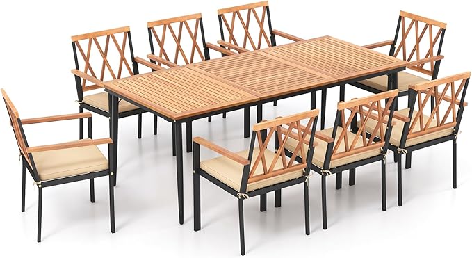 Tangkula 9-Piece Patio Dining Set, Outdoor Acacia Wood Dining Table with 1.9" Umbrella Hole& 8 Dining Chairs with Cross Hollow Back and Seat Cushions, for Garden, Porch, Deck, Natural