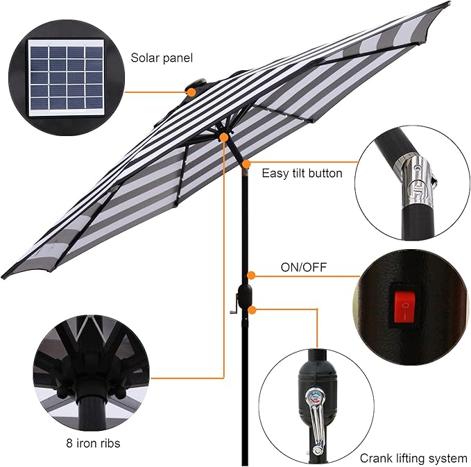 Blissun 9 ft Solar Umbrella 32 LED Lighted Patio Umbrella Table Market Umbrella with Tilt and Crank Outdoor Umbrella for Garden, Deck, Backyard, Pool and Beach (Black and White)