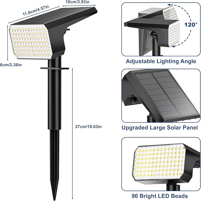 LANSOW Solar Spot Lights Outdoor Waterproof IP67, (2 Pack/90 LED/4 Modes) Solar Landscape Spotlights, 2-in-1 Solar Powered Flood Lights for Yard Garden Pathway Outside Tree, Auto ON/Off(Cool White)