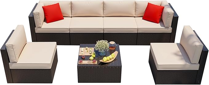 Shintenchi 7 Pieces Patio Furniture Sets Outdoor All-Weather Sectional Patio Sofa Set PE Rattan Manual Weaving Wicker Patio Conversation Set with Glass Table&Ottoman Cushion and Red Pillows, Beige