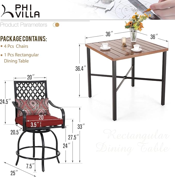 PHI VILLA 5 pcs Outdoor Bar Set, Outdoor Swivel Bar Stool with Red Seat Cushion and Lumbar Support,Extra Large Metal Bar Table with Umbrella Hole for Poolside Garden