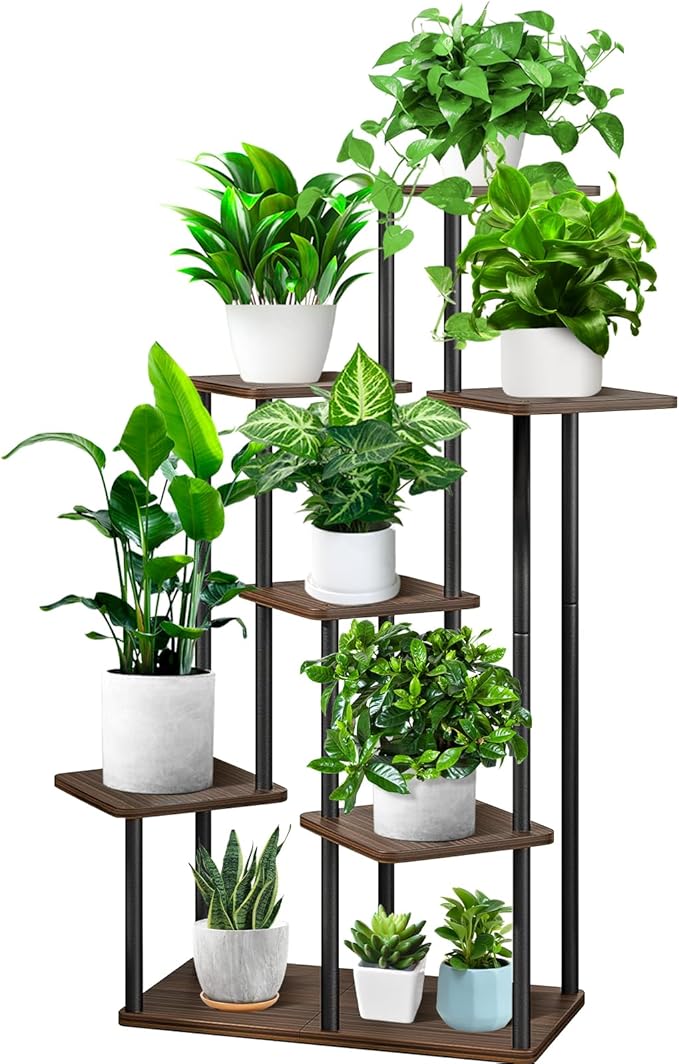 7 Tier Plant Stand Indoor, Thickened Metal Wood Corner Plant Shelf Stands for Multiple Plants, Indoor Tall Plants Stand Tiered Flower Holder for Living Room Patio Garden Balcony(Black+Oak)
