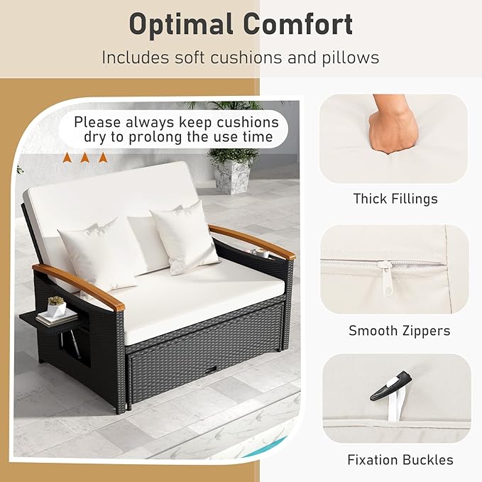 Moccha Outdoor Wicker Daybed, Patio Rattan Loveseat Sofa w/ 4-Level Adjustable Backrest, Folding Panels, Storage Ottoman & Cushions, Lounge Furniture Set for Poolside Backyard Porch (White & Black)
