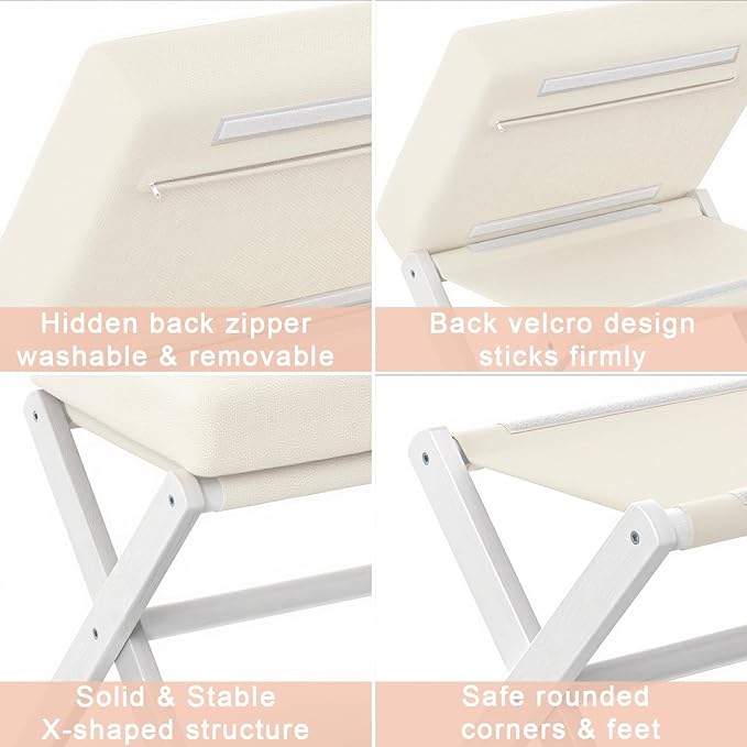 Foldable Foot Stool Ottoman, Modern Foot Rest with Bamboo X Legs & Thick Foam Cushion, Folding Foot Stools Small Padded for Bedroom Living Room, Footstool for Chair Couch (White - White)