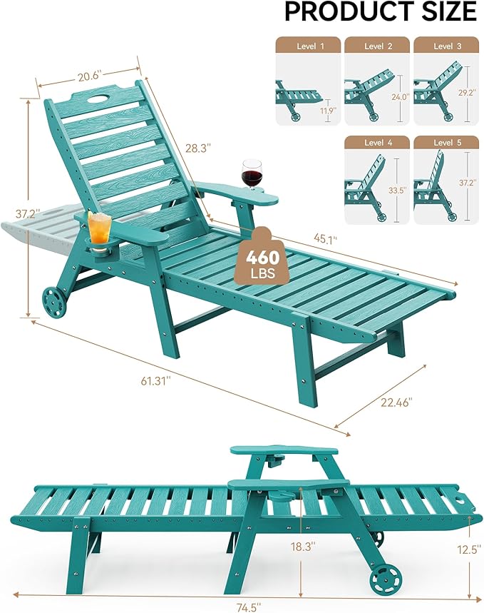 Carauci Lounge Chair Outdoor Set of 4, HDPE Chaise Lounge with Wheels, 5-Position Adjustable Backrest & 2 Cup Holders Patio Lounge Chair, All-Weather Pool Sun Lounger for Poolside, Backyard, Lake Blue